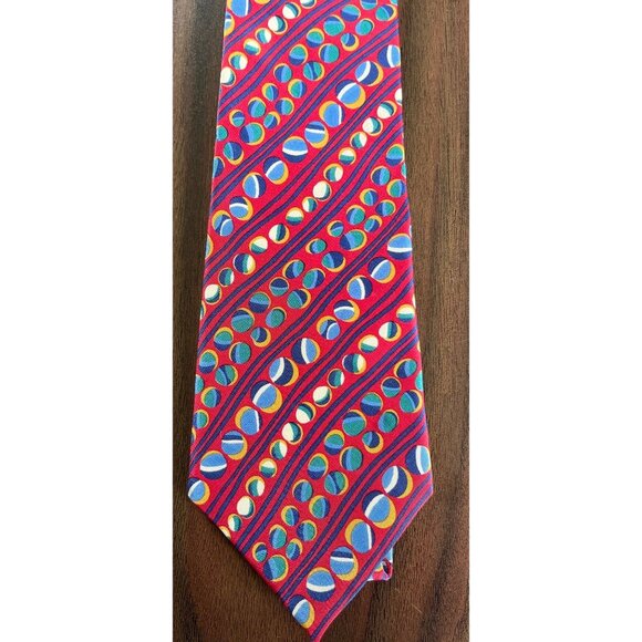 Vintage VivAce Tie Abstract Geometric Red Blue Yellow All Silk Circles and Strip - Picture 2 of 6